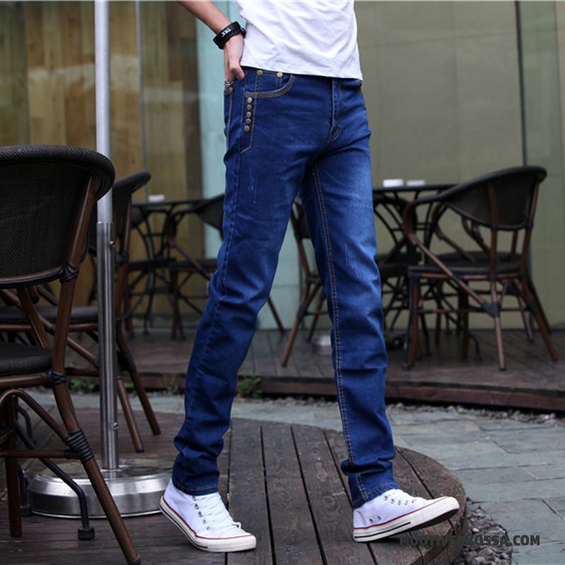 Dżinsy Męskie Casual Czyste Tendencja Spodnie Slim Fit Z Dziurami Niebieski