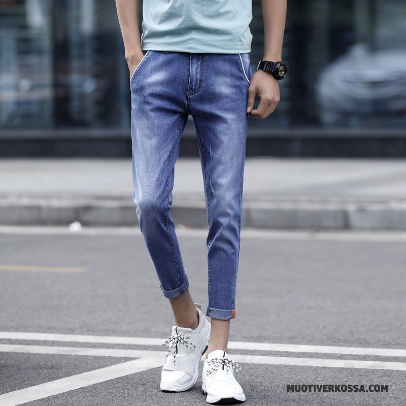 Dżinsy Męskie Cienkie Tendencja Lato Z Dziurami Slim Fit Ołówkowe Spodnie Niebieski