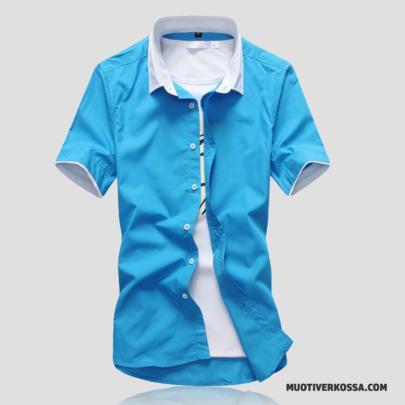 Koszula Krótki Rękaw Męskie Koszula Z Krótkim Rękawem Szycie Slim Fit Lato Tendencja Niebieski