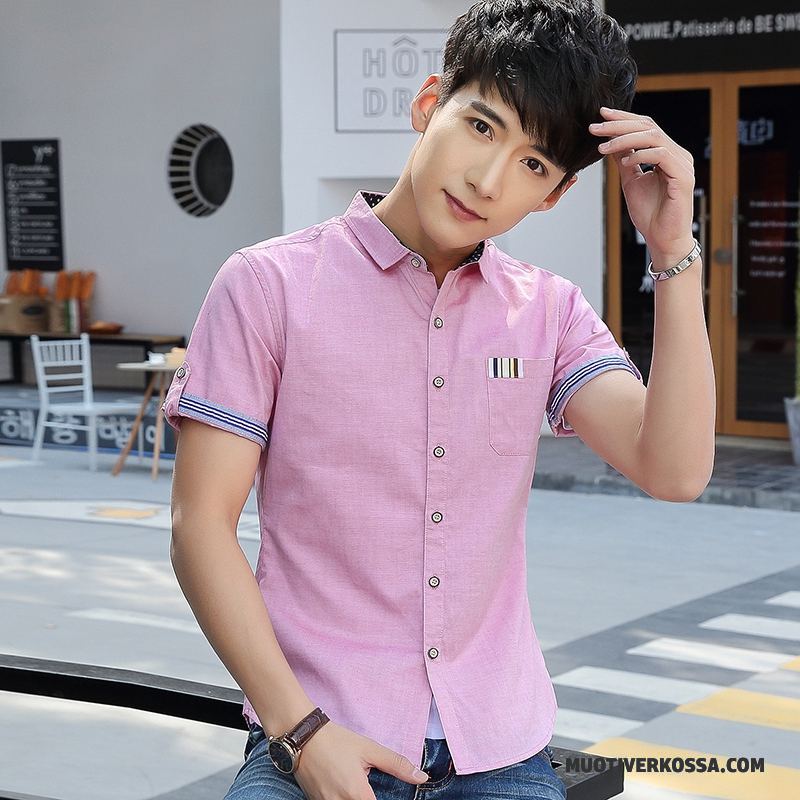 Koszula Krótki Rękaw Męskie Slim Fit Lato Casual Popularny Piękny Tendencja Różowy
