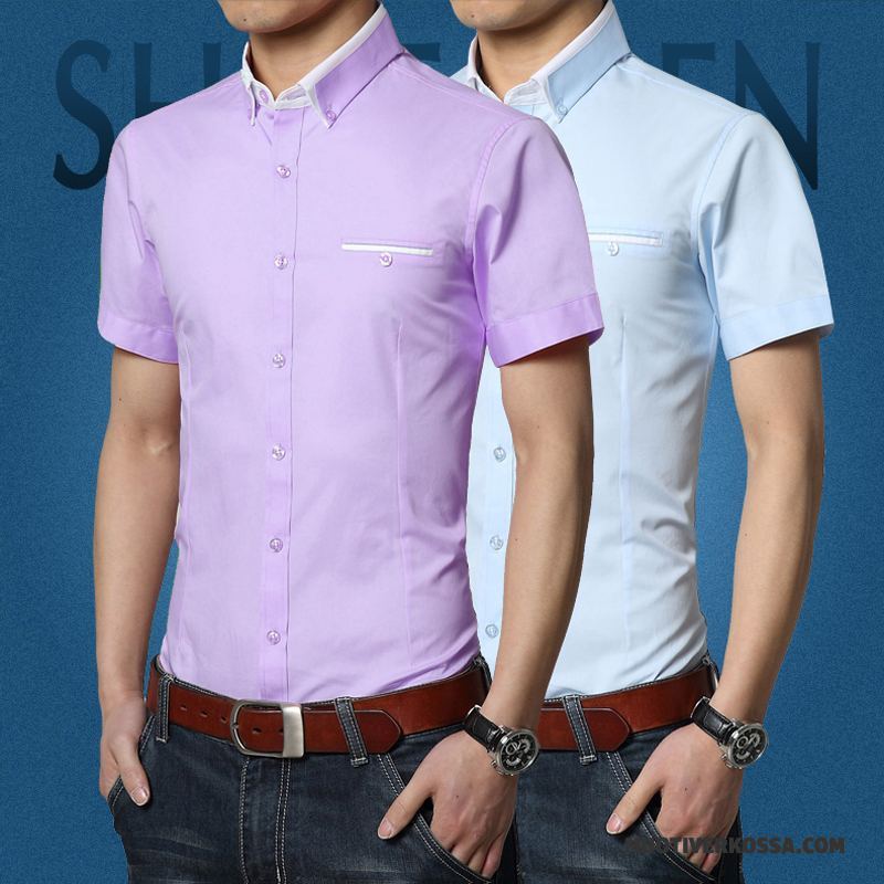 Koszula Krótki Rękaw Męskie Slim Fit Tendencja Oddychające Bawełniane Lato Młodzież Fioletowy