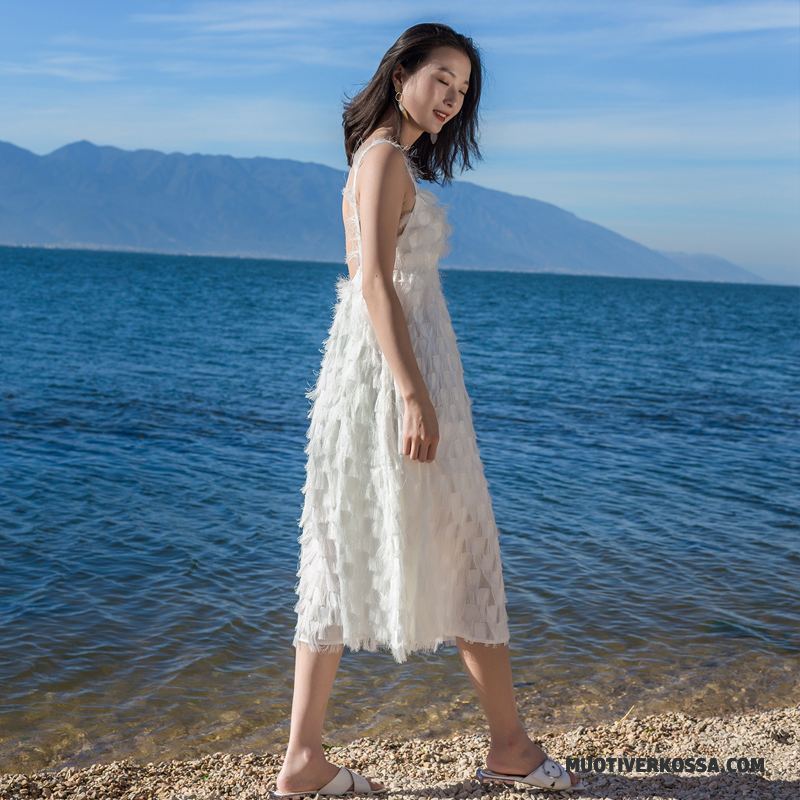 Sukienka Damskie Lato Wakacje Plażowe Bez Pleców Szelki Nowy Biały