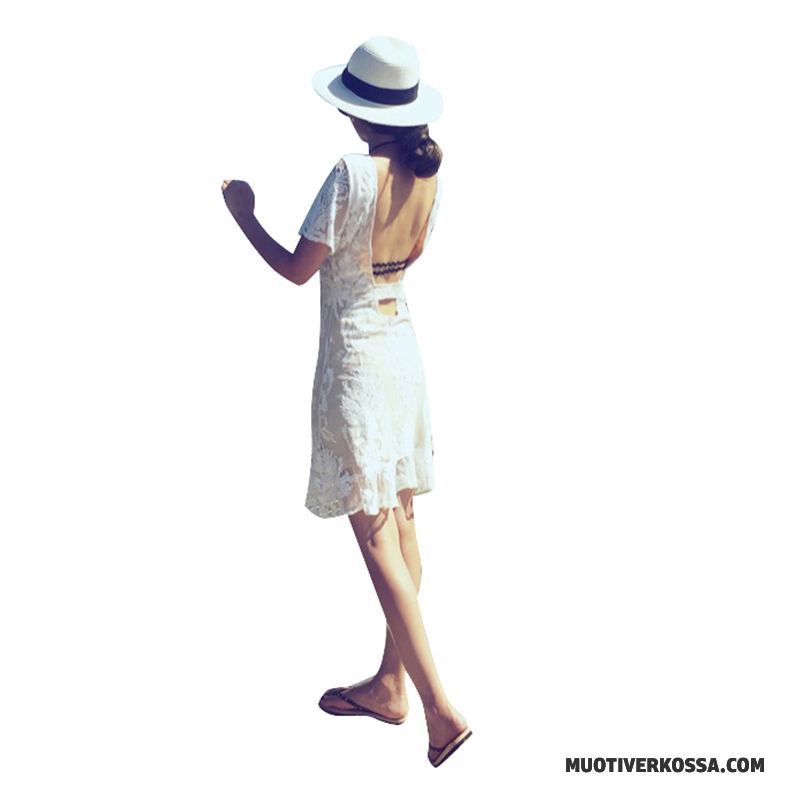 Sukienka Damskie Lato Wakacje Plażowe Krótki Rękaw Koronkowe Krótkie Spódnice Biały