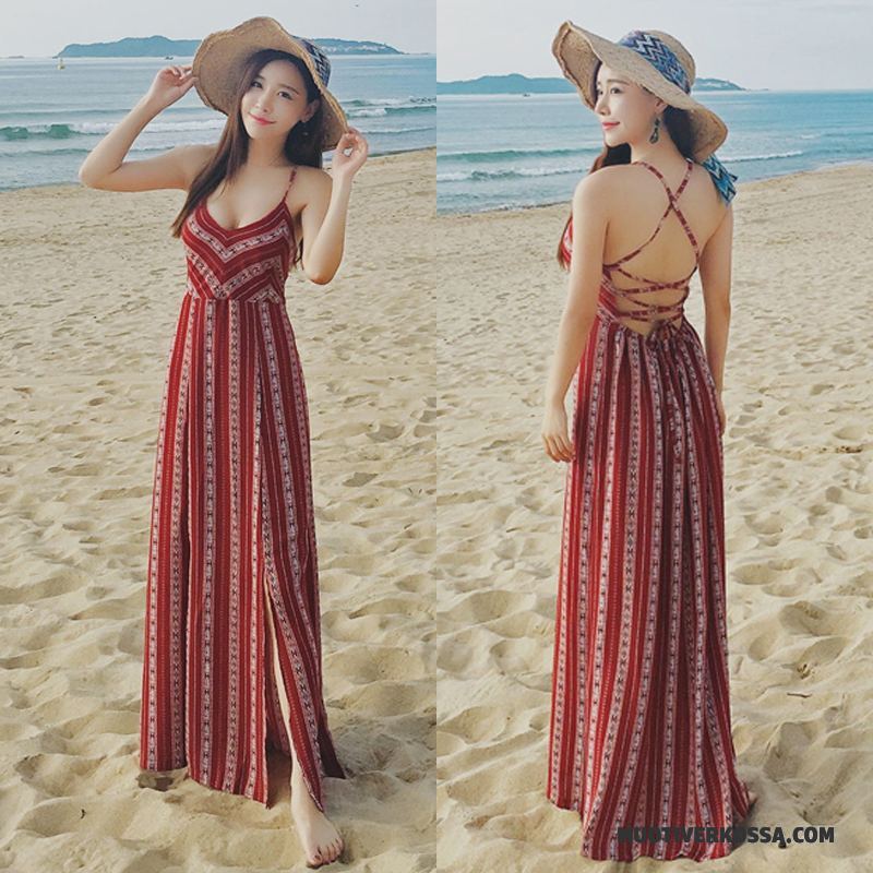 Sukienka Damskie Wakacje Sznurowane 2018 Plażowe Plaża Bez Pleców Burgund Beżowy