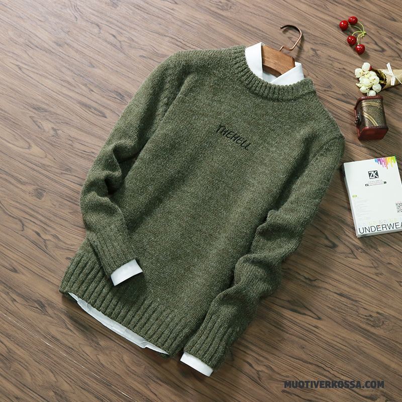 Sweter Męskie Dla Grubych Tendencja Okrągły Dekolt Swetry Slim Fit Student Zielony