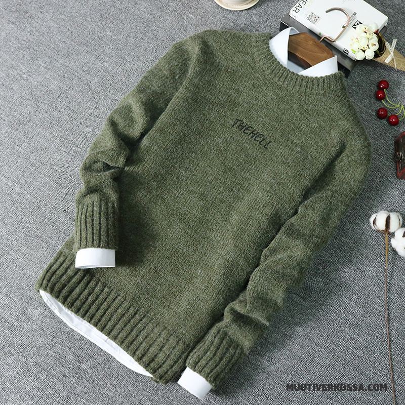Sweter Męskie Swetry Osobowość Okrągły Dekolt Zima Tendencja Student Zielony