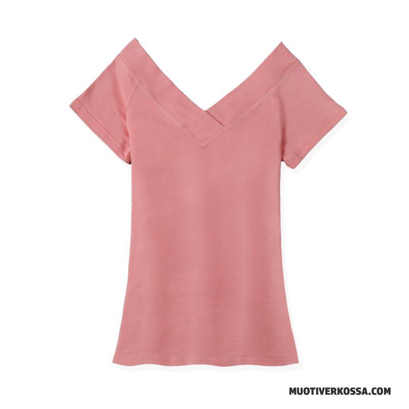 T-shirt Damskie Seksowna Lato Podkoszulek Krótki Rękaw Slim Fit Topy Różowy
