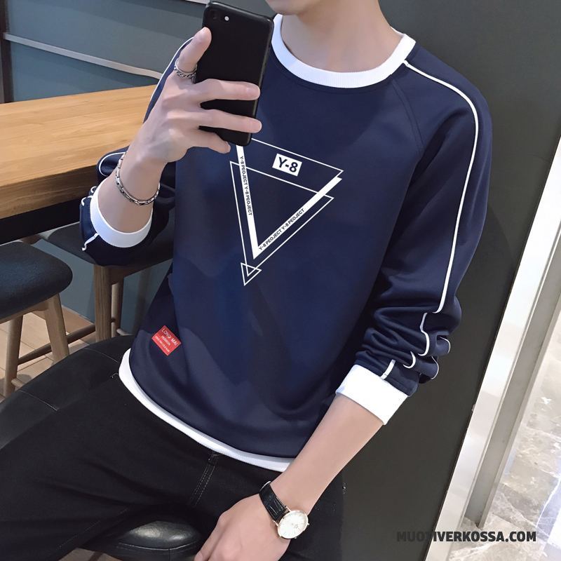 T-shirt Z Długim Rękawem Męskie Pullover Tendencja Student Casual 2018 Okrągły Dekolt Granatowy