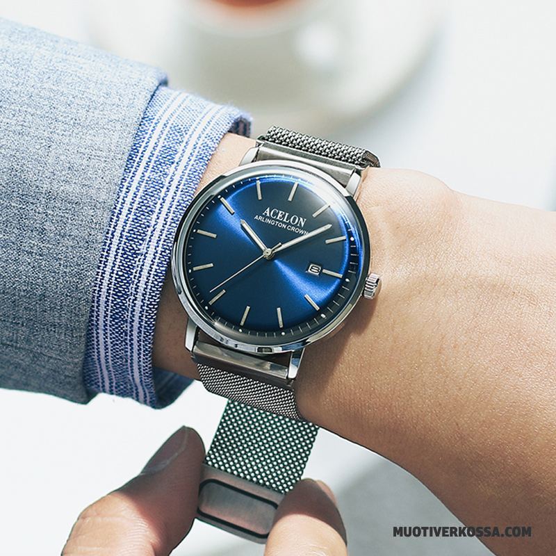 Zegarek Męskie Biznes Trendy Wodoodporny Casual Prawdziwa Skóra Moda Niebieski Srebrny
