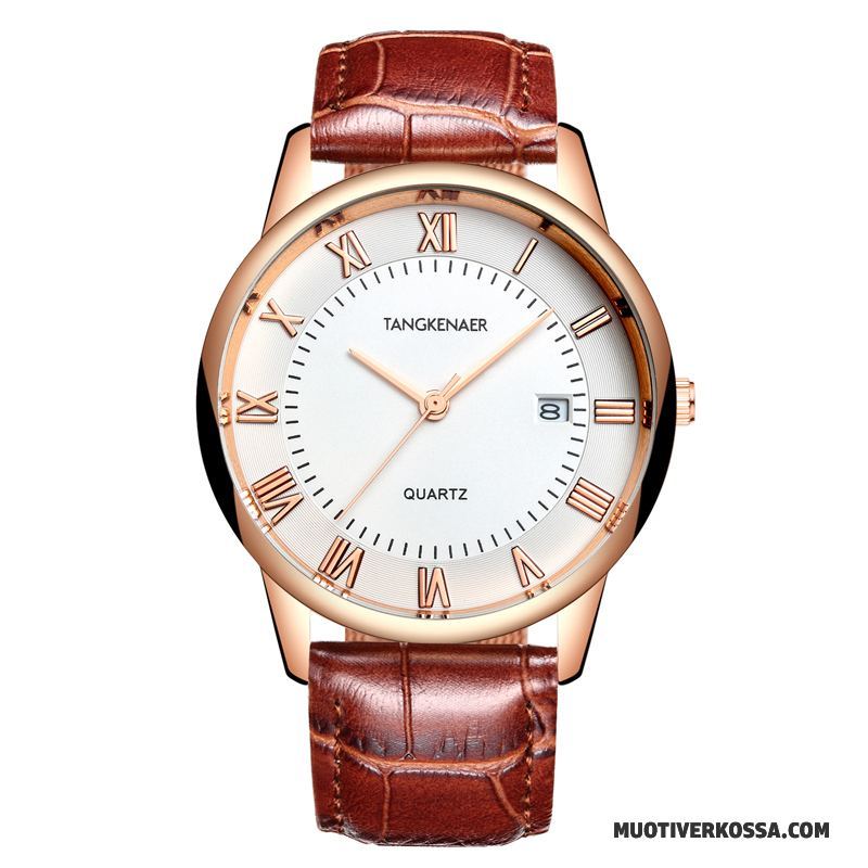 Zegarek Męskie Trendy Zegarek Kwarcowy Cienkie Paski Prawdziwa Skóra Moda Biały Brązowy