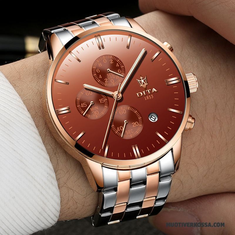 Zegarek Męskie Świecące Pasek Stal Nierdzewna Trendy Moda Zegarek Kwarcowy Kawowy Róża Złoty