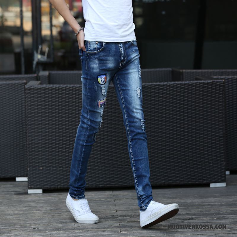 Dżinsy Męskie Casual Czyste Tendencja Spodnie Slim Fit Z Dziurami Niebieski