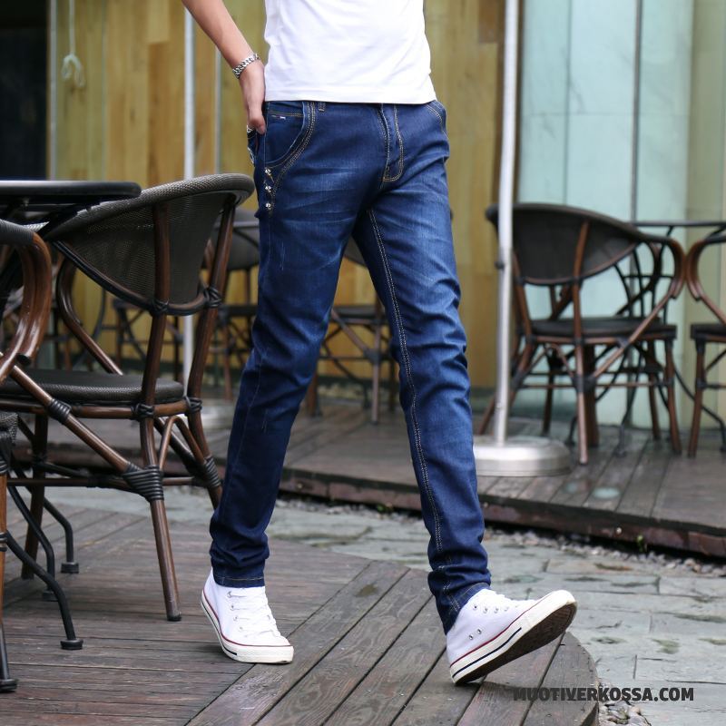 Dżinsy Męskie Casual Czyste Tendencja Spodnie Slim Fit Z Dziurami Niebieski