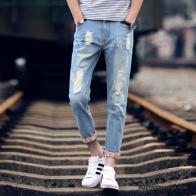 Dżinsy Męskie Mały Z Dziurami Tendencja Slim Fit Vintage Niebieski Jasny