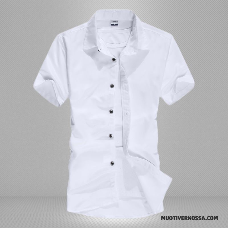 Koszula Krótki Rękaw Męskie Lato Koszula Z Krótkim Rękawem Casual Tendencja Nastolatek Slim Fit Czysta Biel Biały Czarny