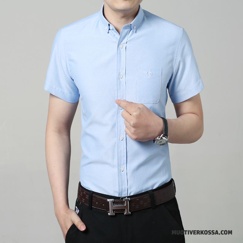 Koszula Krótki Rękaw Męskie Młodzież Slim Fit Koszula Z Krótkim Rękawem Tendencja Moda Lato Ciemno Niebieski