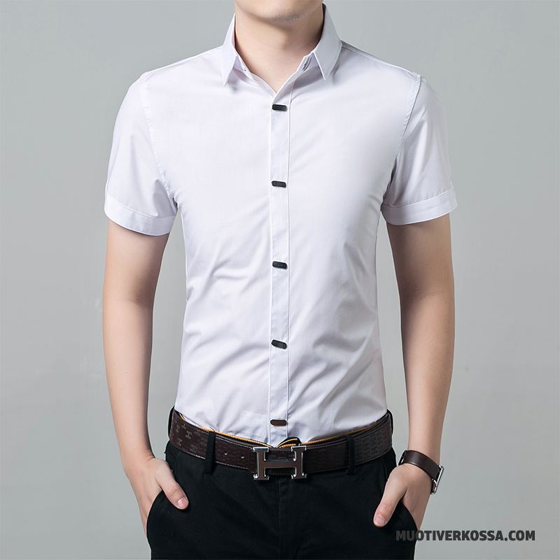 Koszula Krótki Rękaw Męskie Slim Fit Lato Piękny Tendencja Casual Nastolatek Fioletowy Biały