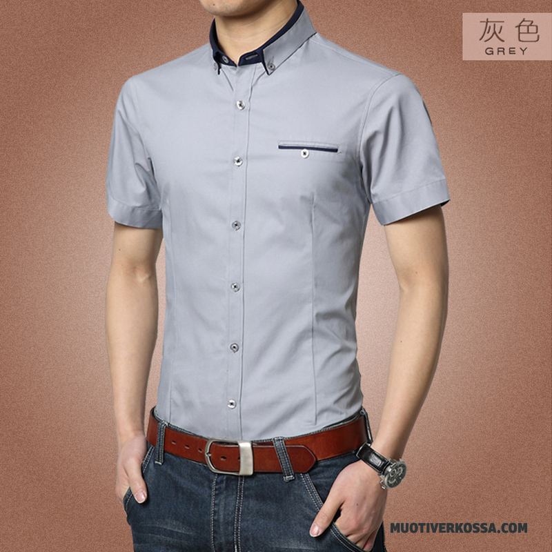 Koszula Krótki Rękaw Męskie Slim Fit Tendencja Oddychające Bawełniane Lato Młodzież Fioletowy