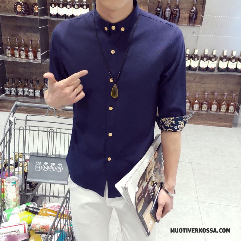 Koszula Krótki Rękaw Męskie Student Slim Fit Piękny Tendencja Koszula Z Krótkim Rękawem Lato Jasny Niebieski Biały