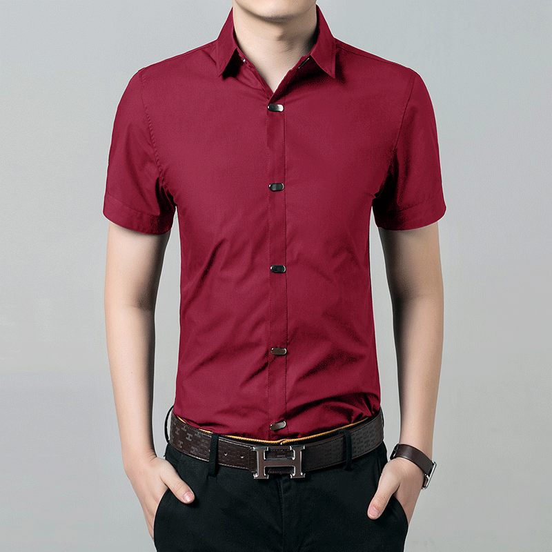 Koszula Krótki Rękaw Męskie Tendencja Topy Slim Fit Młodzież Cienkie Lato Czerwony