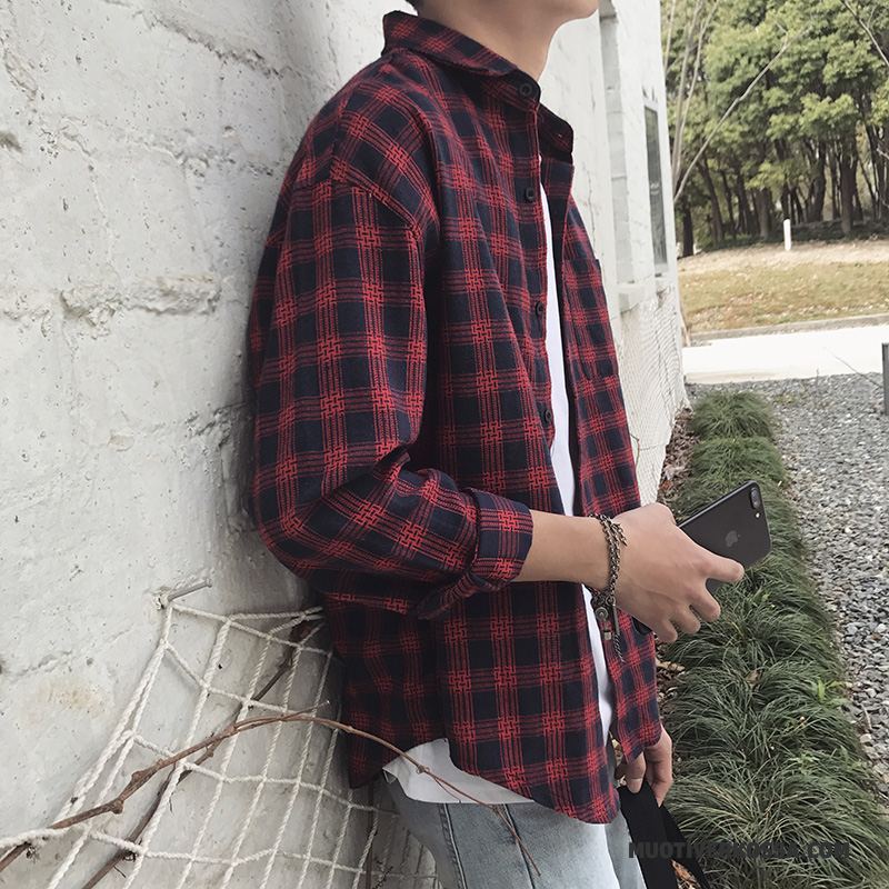 Koszula Męskie Krata Slim Fit Casual Długi Rękaw Piękny W Kratę Czerwony
