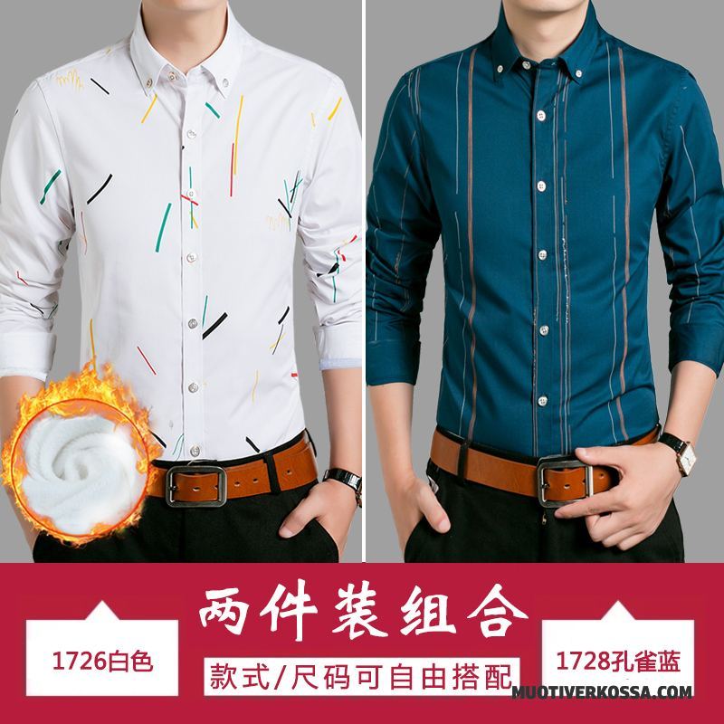 Koszula Męskie Plus Kaszmir Drukowana Dla Grubych Casual Slim Fit Tendencja Niebieski Biały