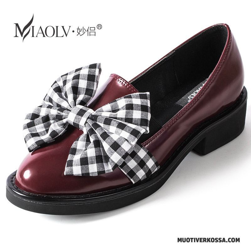 Mokasyny Damskie Muszka Pojedyncze Buty Okrągły Loafers Slip On Jesień Burgund Jasny