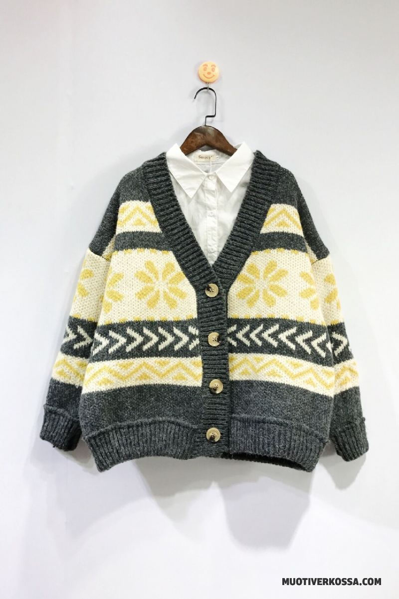 Sweter Damskie Kwiaty Vintage Kardigan Z Dzianiny Szerokie 2018 Nowy Czerwony