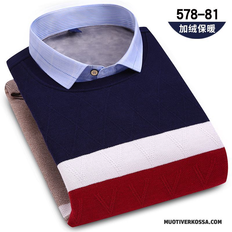 Sweter Męskie Dla Grubych Koszula Kołnierzyk Koszulowy Dwa Kawałki Ciepłe Plus Kaszmir Granatowy