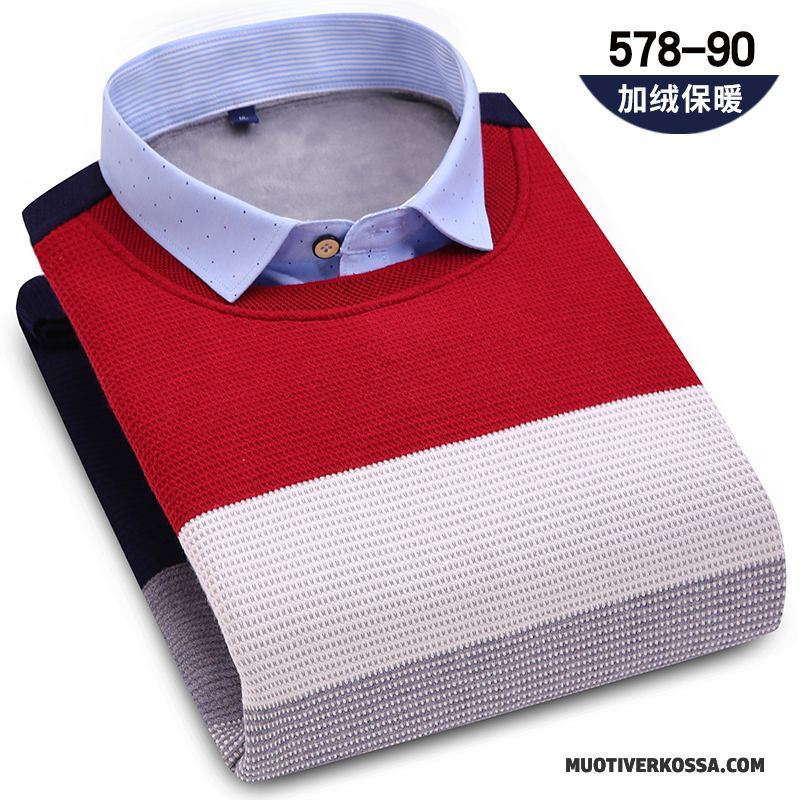 Sweter Męskie Dla Grubych Koszula Kołnierzyk Koszulowy Dwa Kawałki Ciepłe Plus Kaszmir Granatowy