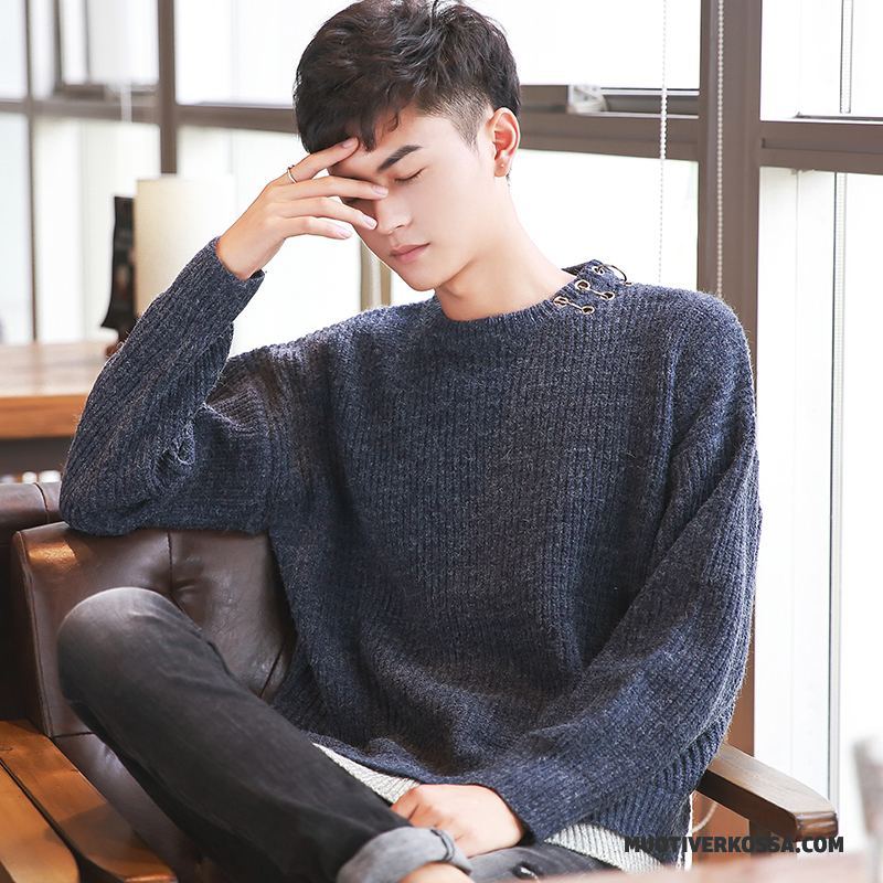 Sweter Męskie Dla Grubych Tendencja Okrągły Dekolt Swetry Slim Fit Student Zielony