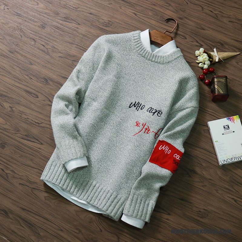 Sweter Męskie Pullover Slim Fit Wiosna Zima Osobowość Okrągły Dekolt Zielony