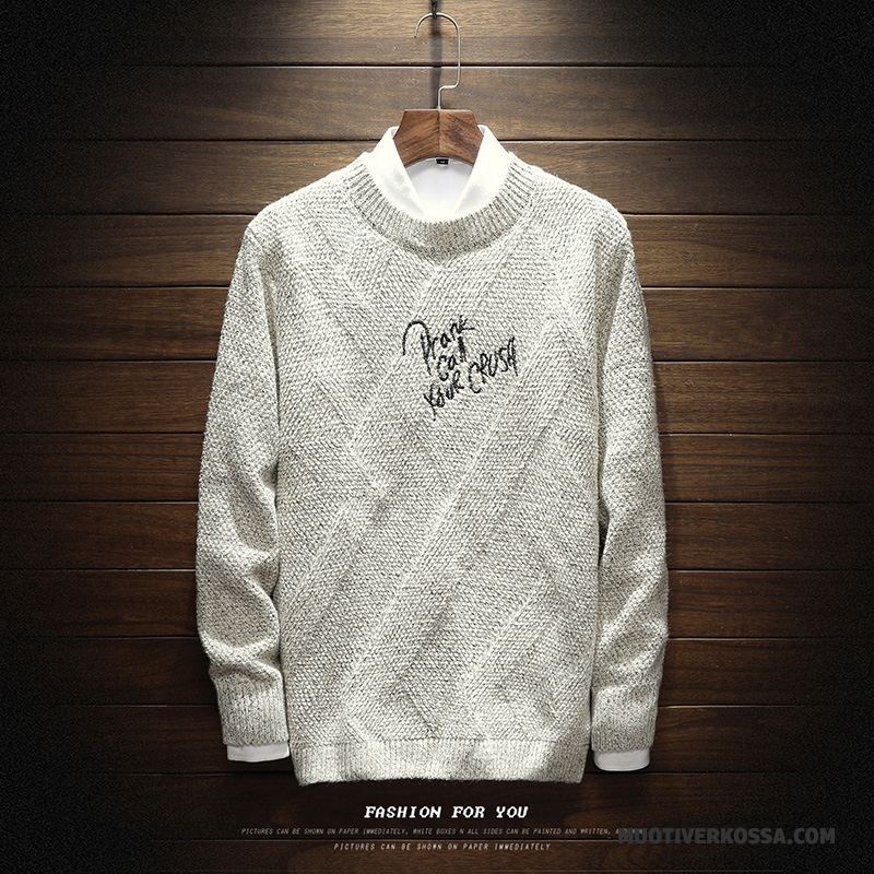 Sweter Męskie Vintage Zima Dla Grubych Student Swetry Okrągły Dekolt Szary Ciemno