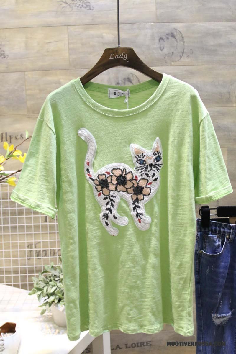 T-shirt Damskie Krótki Rękaw Duże Cekinowa Tendencja Casual Mały Zielony