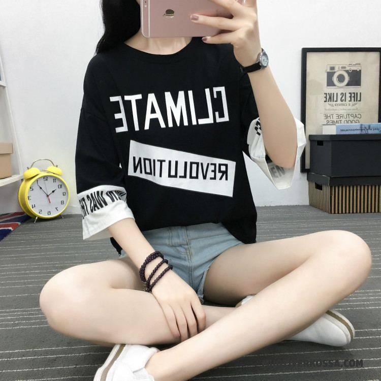 T-shirt Damskie Topy Krótki Rękaw Student Lato Szerokie Pół Rękaw Czarny