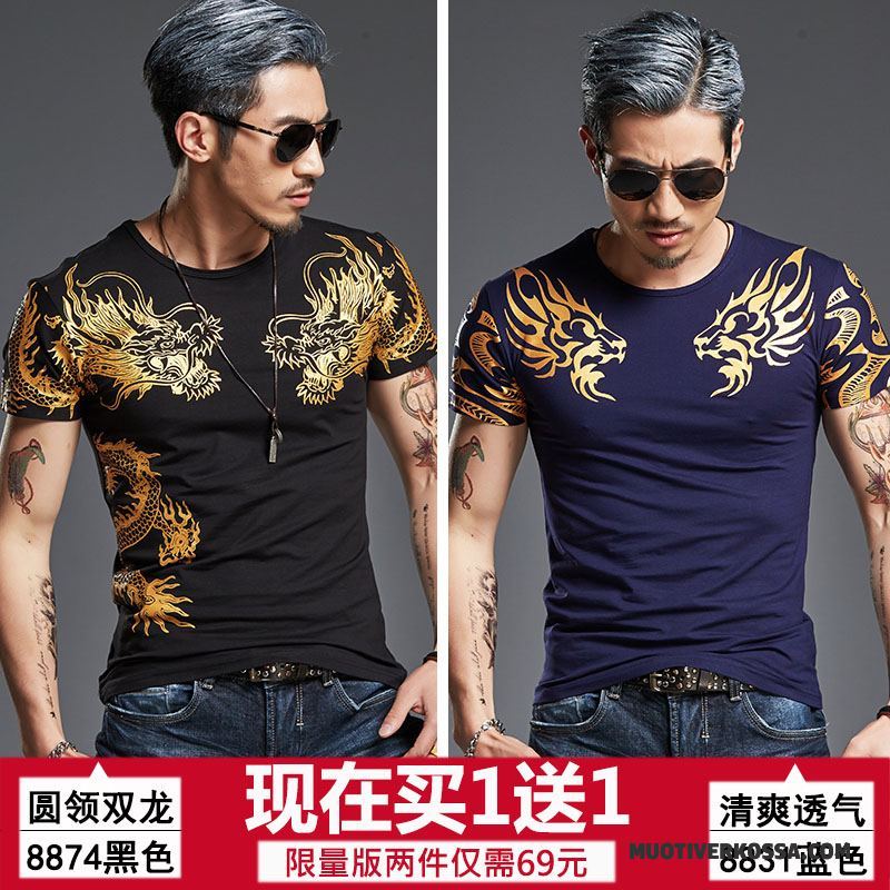 T-shirt Męskie Chiński Styl Drukowana Duży Rozmiar Krótki Rękaw Modna Marka Okrągły Dekolt Czarny