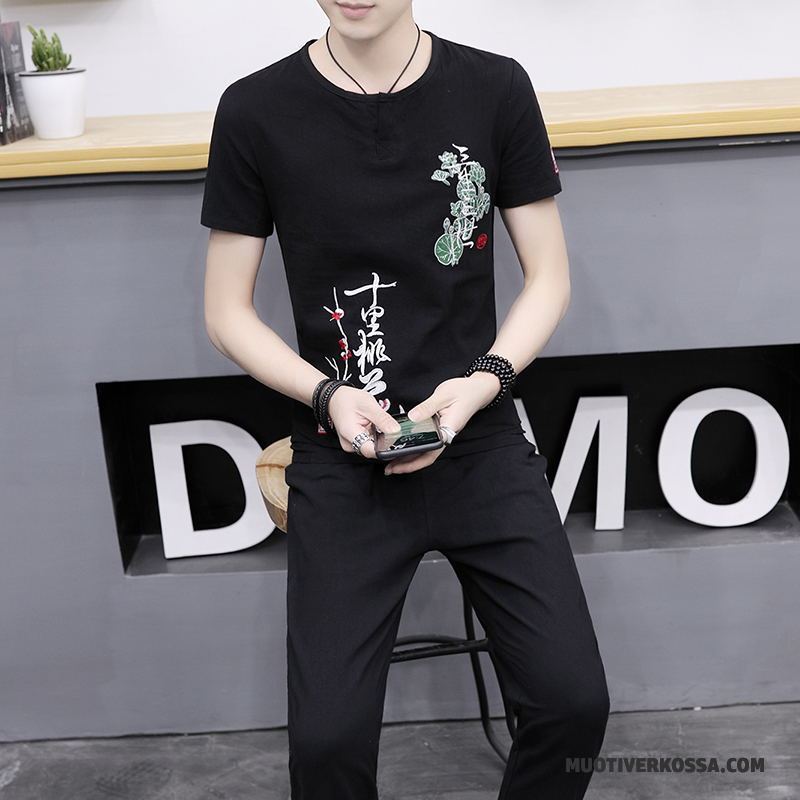 T-shirt Męskie Krótki Rękaw Dwa Kawałki Tendencja Lato Bawełna I Len Casual Niebieski