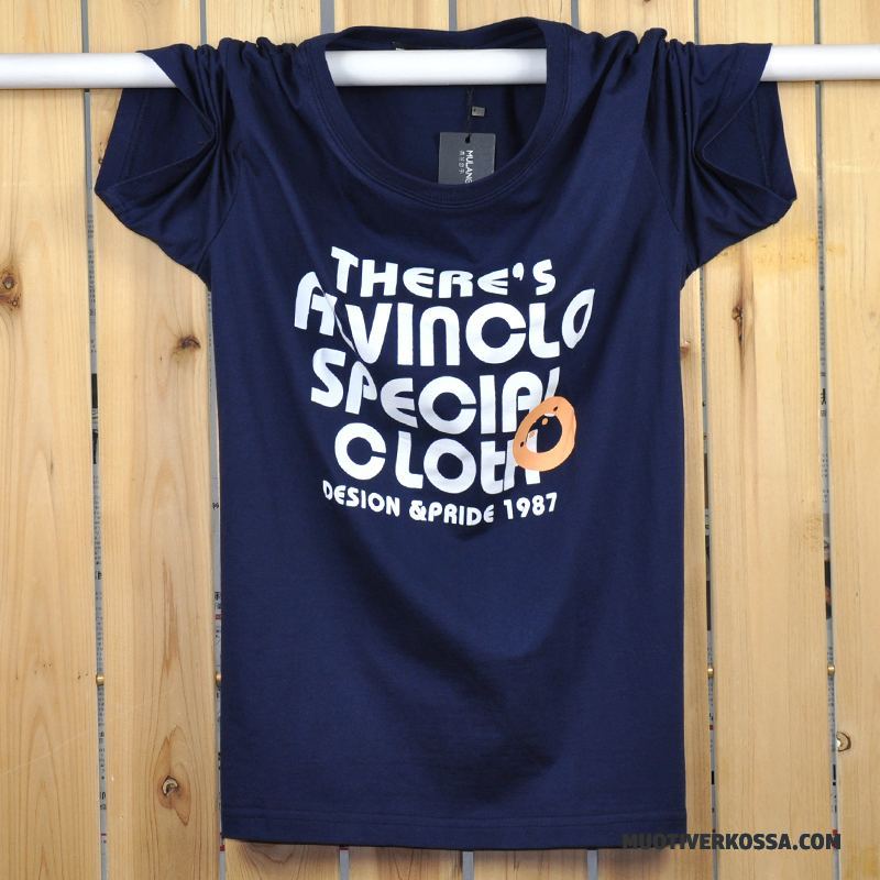 T-shirt Męskie Krótki Rękaw Gruba Okrągły Dekolt Topy Cienkie Szerokie Niebieski