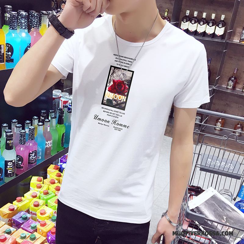 T-shirt Męskie Okrągły Dekolt Lato Slim Fit Krótki Rękaw Tendencja Topy Biały