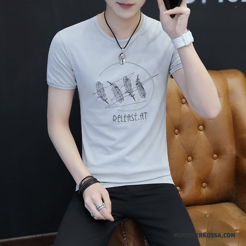 T-shirt Męskie Slim Fit Krótki Rękaw Wysoki Kołnierz Topy Lato Bawełna Szary