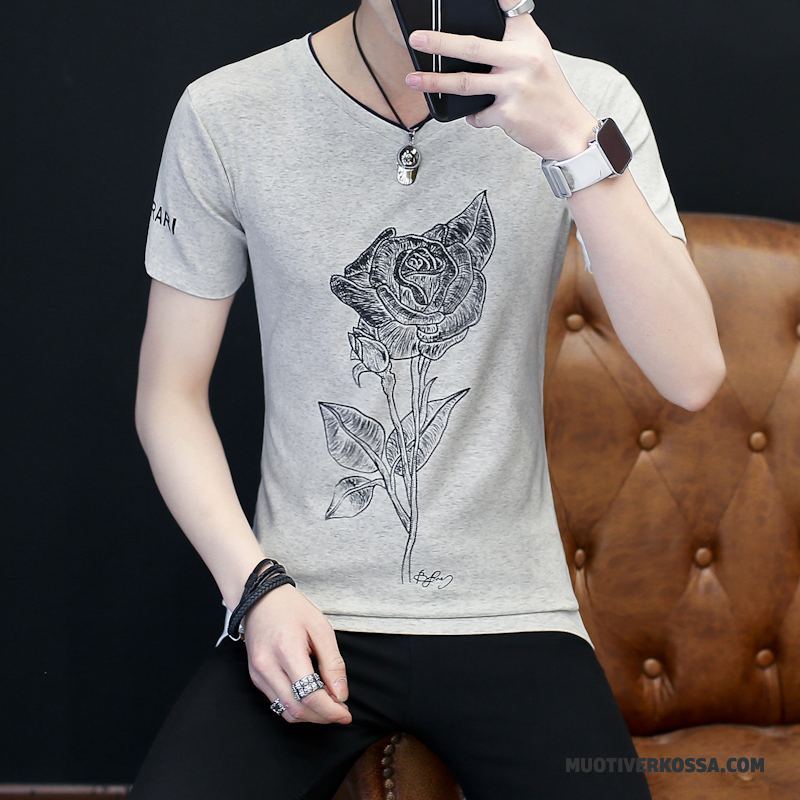 T-shirt Męskie Slim Fit Nastolatek Krótki Rękaw Topy Lato Tendencja Biały