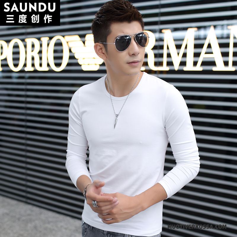 T-shirt Z Długim Rękawem Męskie Okrągły Dekolt Cienkie Mały Wiosna Slim Fit Jesień Burgund Czysta Czarny