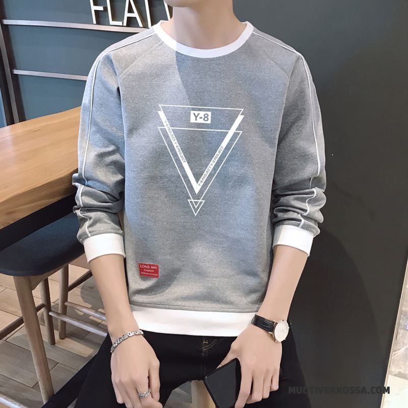 T-shirt Z Długim Rękawem Męskie Pullover Tendencja Student Casual 2018 Okrągły Dekolt Granatowy