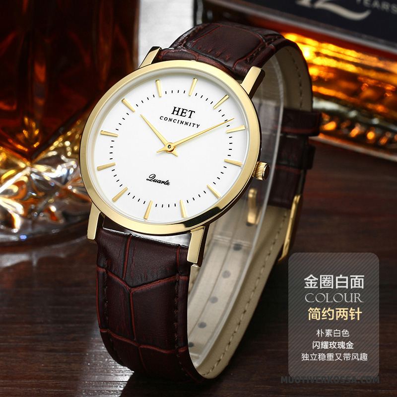 Zegarek Męskie Casual Prawdziwa Skóra Moda Paski Zegarek Kwarcowy Kalendarz Złoty Biały