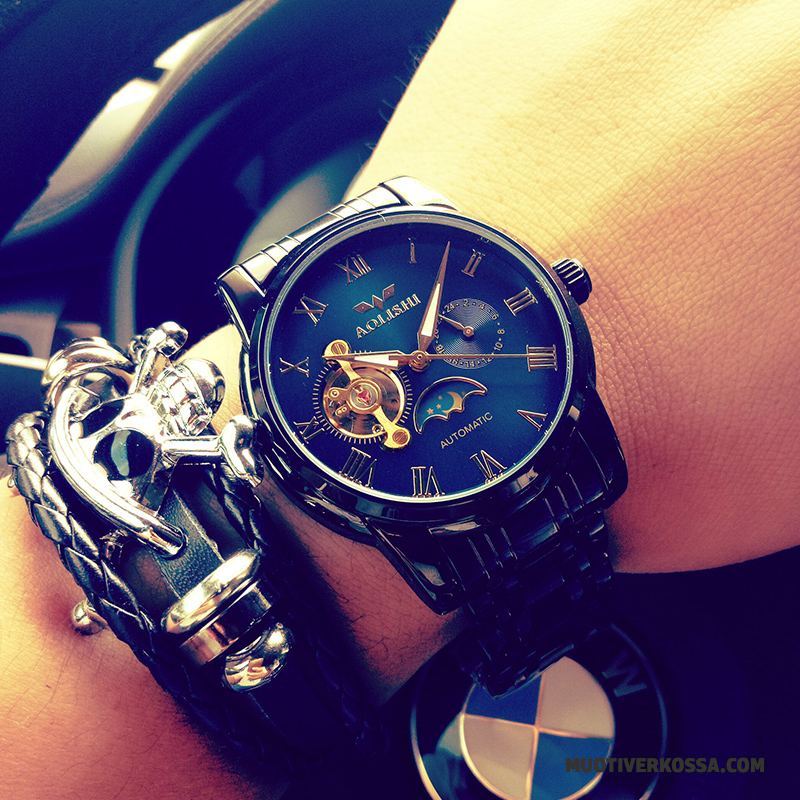Zegarek Męskie Średni Automatycznie Wodoodporny Pasek Student Zegarek Na Rękę Niebieski Srebrny