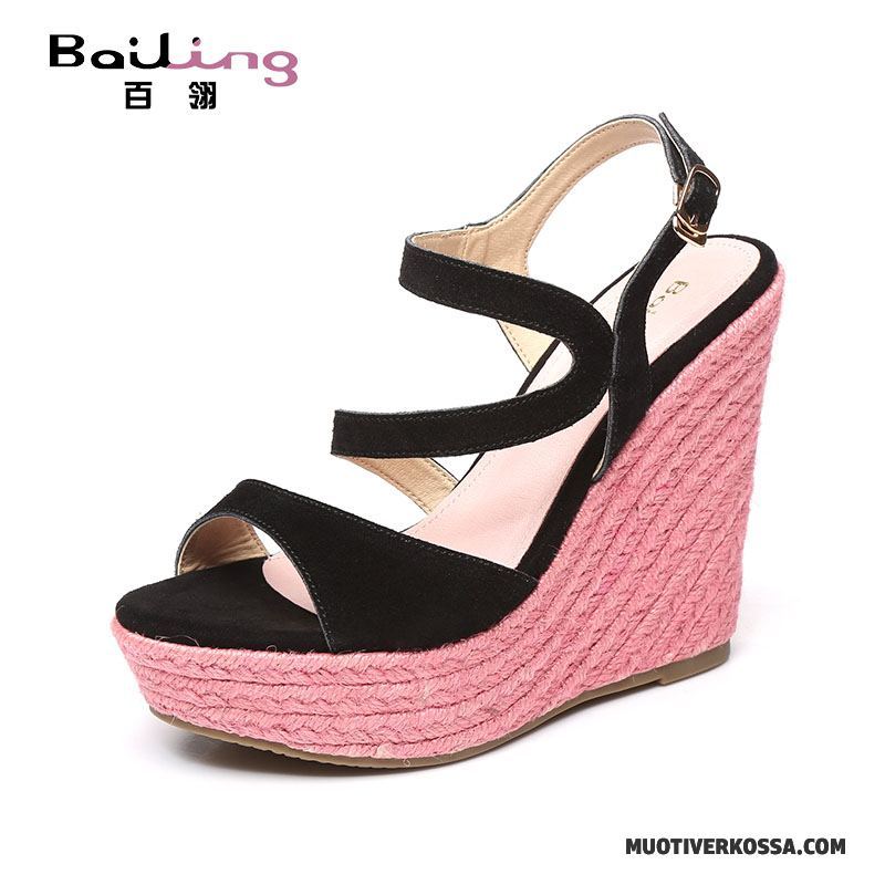 Buty Wedges Damskie Lato Przeplatane Nubuku Rzym Platforma Skóra Mieszane Kolory Czarny