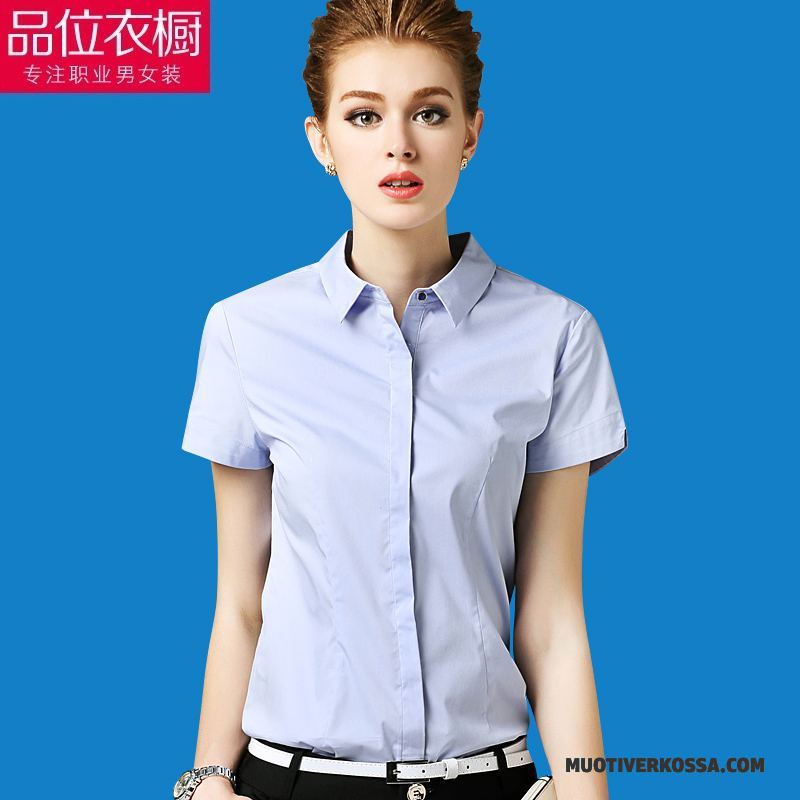 Koszula Krótki Rękaw Damskie Bluzka Student Lato Duży Rozmiar Klapa Biurowe Niebieski Biały
