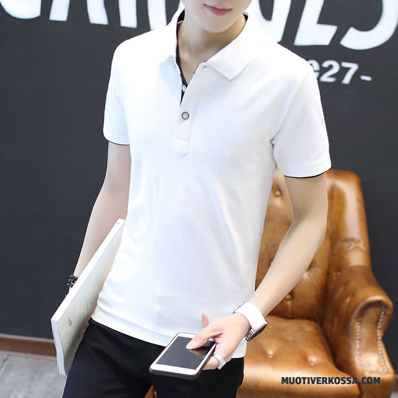 Koszula Krótki Rękaw Męskie T-shirt Kołnierzyk Koszulowy Lato Młodzież Slim Fit Topy Biały