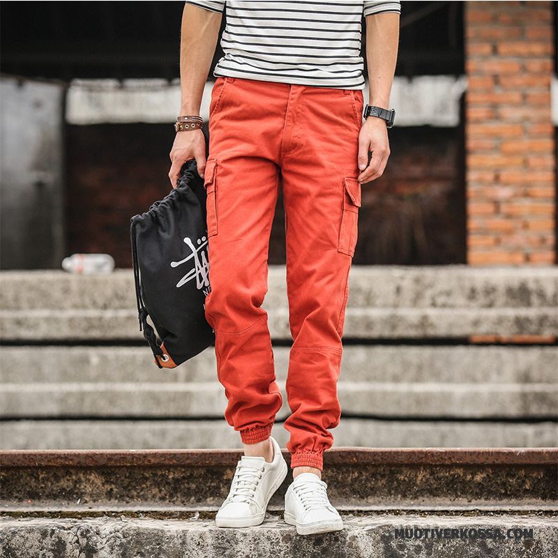 Spodnie Cargo Męskie Więcej Kieszeni Vintage Proste Szerokie Tendencja Casualowe Spodnie Czerwony
