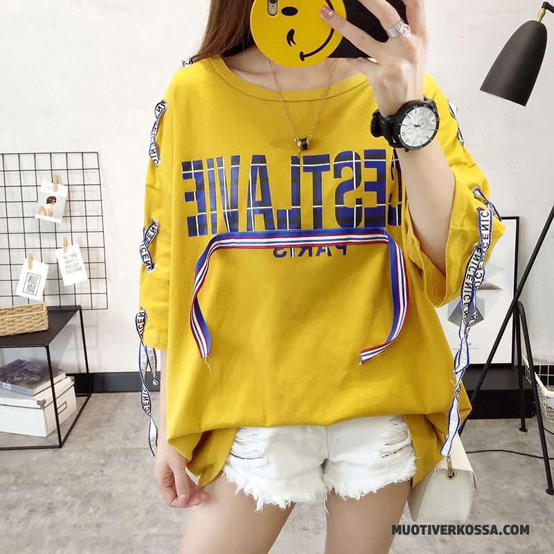 T-shirt Damskie Dla Otyłych Topy Super Tendencja Krótki Rękaw Student Żółty
